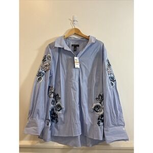 INC‎ International Concepts 3X Embroidered Floral Striped Blue Blouse Shirt NWT